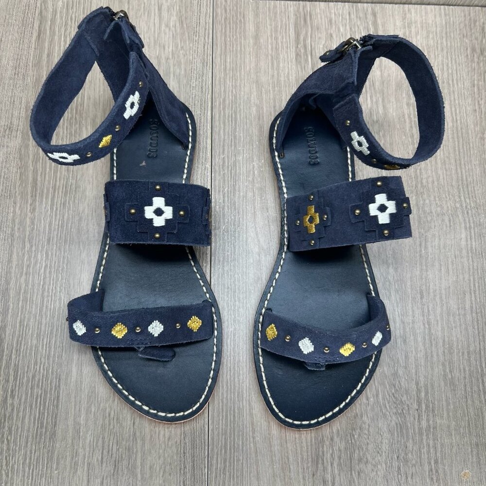 Soludos Embroidered Three Banded Flat Sandals Womens 8 Ankle Zip Suede Navy Blue
